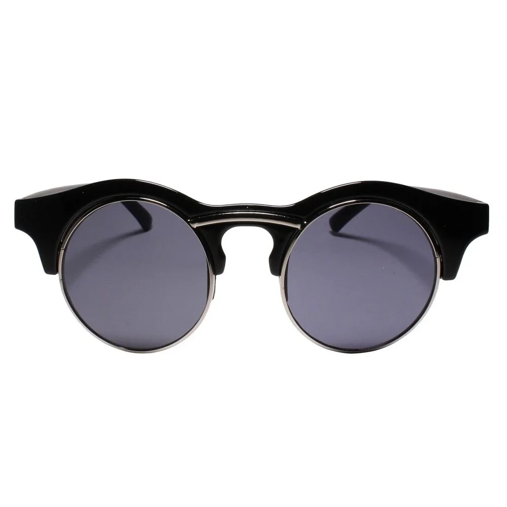 Vintage Inspired Classic Half Frame Semi-Rimless Round Circle Black Sunglasses